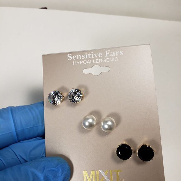 3-Pair Gold-Tone CZ Stud Earrings – Crystal, Faux Pearl, Black – Hypoallergenic - Picture 8 of 9